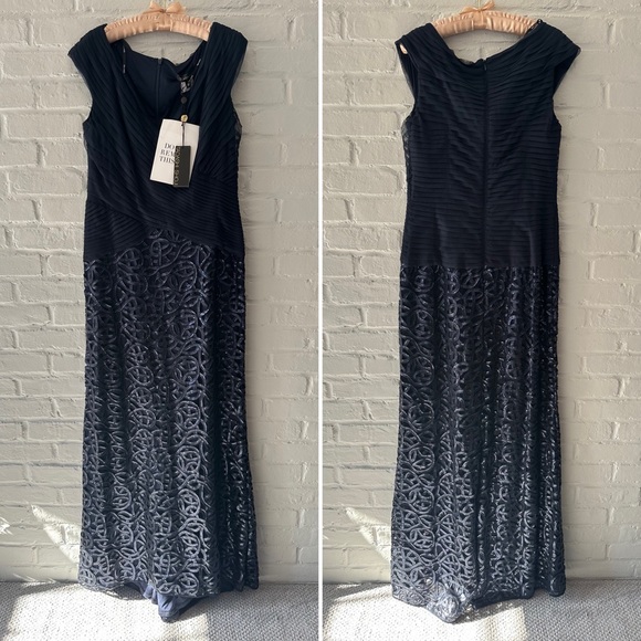 NEW Tadashi Shoji Paillette Embroidered Sequin Lace V Neck Prom Dress Gown Navy - Picture 2 of 12